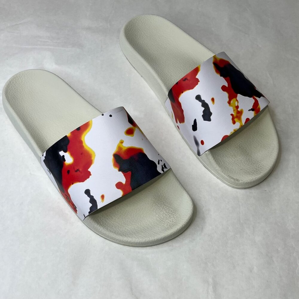 Under Armour Mens Size 14 White Slides With Abstract Red & Black Splatter Design
